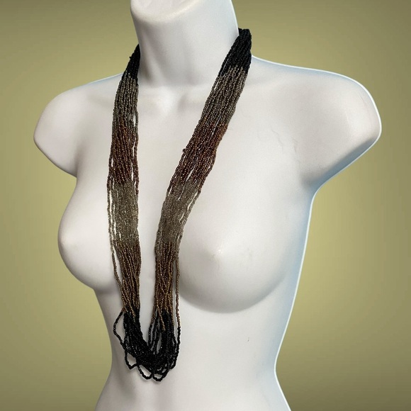 Artisan Multi-Strand Seed Bead Long Necklace Black Silver Copper Colorblock - Picture 1 of 7